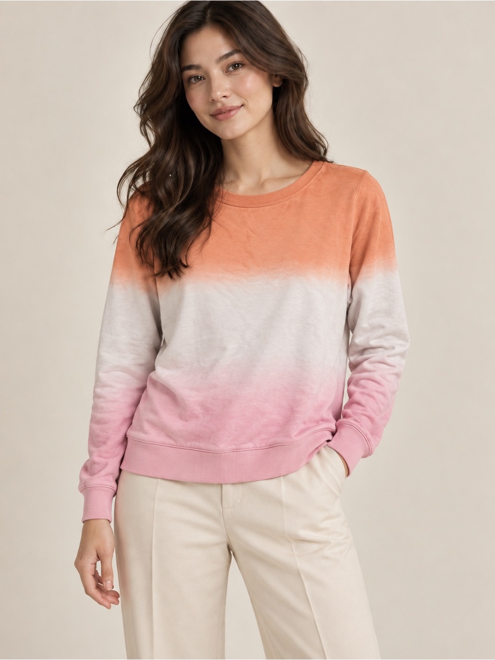 J. Crew Ombre Crewneck Sweatshirt — Orange, White & Pink Size Small